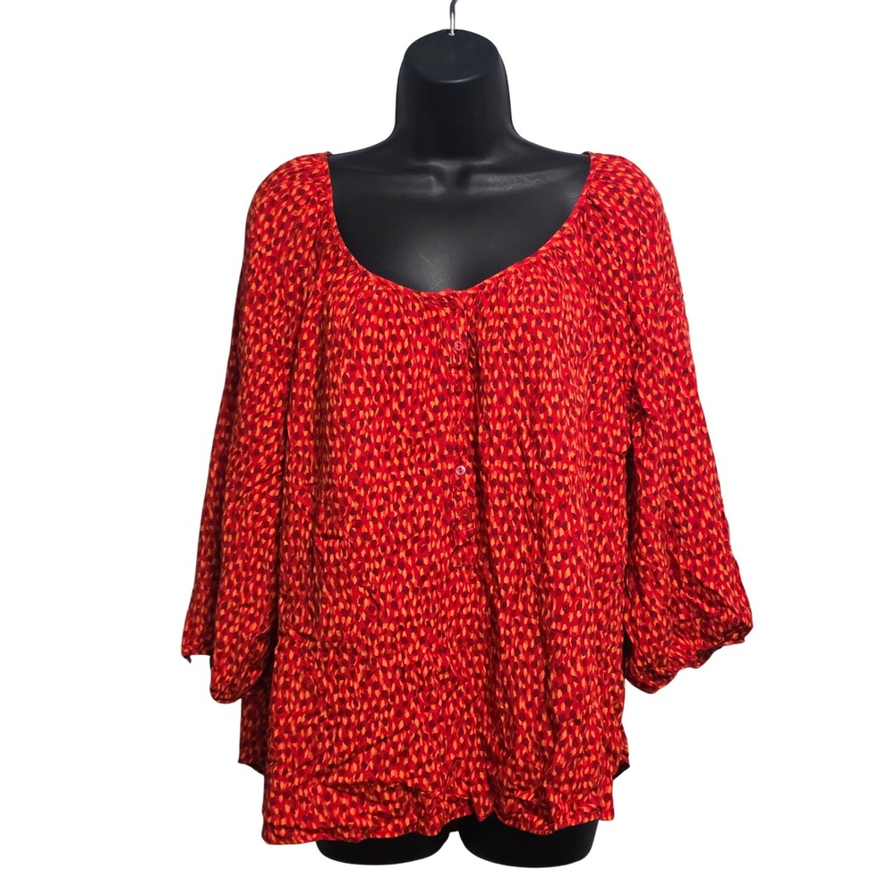 St Johns Bay Red Orange Abstract Dot Rayon Peasant Blouse 1X 3/4 Sleeve